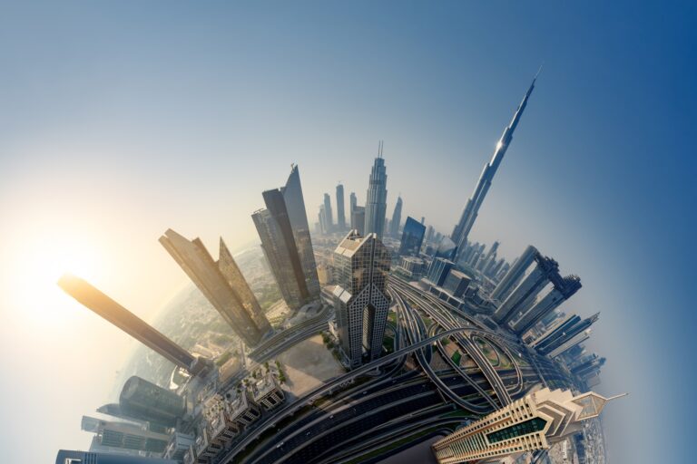 Dubai skyline at sunrise, Little Planet effect. panoramic aerial top view to downtown city landmarks